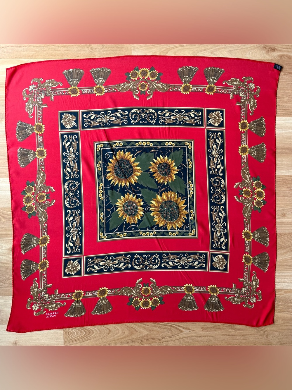 Hermes Vintage Sunflower Scarf Red Silk Paris Design 90cm - Picture 5 of 12